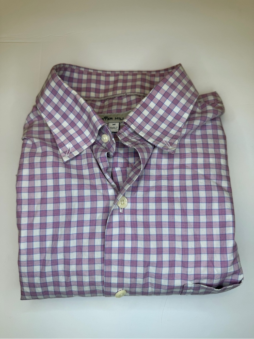 Peter Millar Mens Pink, Blue Plaid Short Sleeve Button Down Shirt Cotton Medium